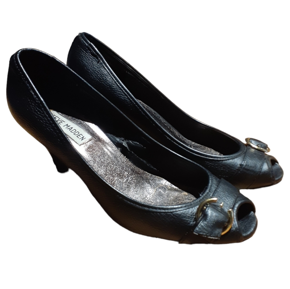 Steve Madden Black Leather Open Toe Heels Y2K